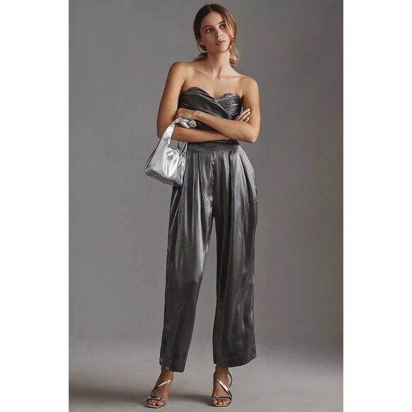 by Anthropologie 8 Pewter Ruched Strapless Shine Jumpsuit Holiday - Picture 1 of 7